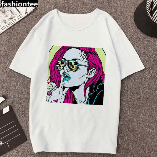 Ladies Punk Aesthetic Print Casual Short Sleeve Student Top