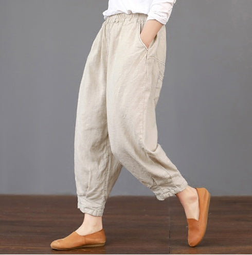 Spring and summer new literary fan women's casual solid color cotton and linen elastic waist wild women's trousers was thin Harlan