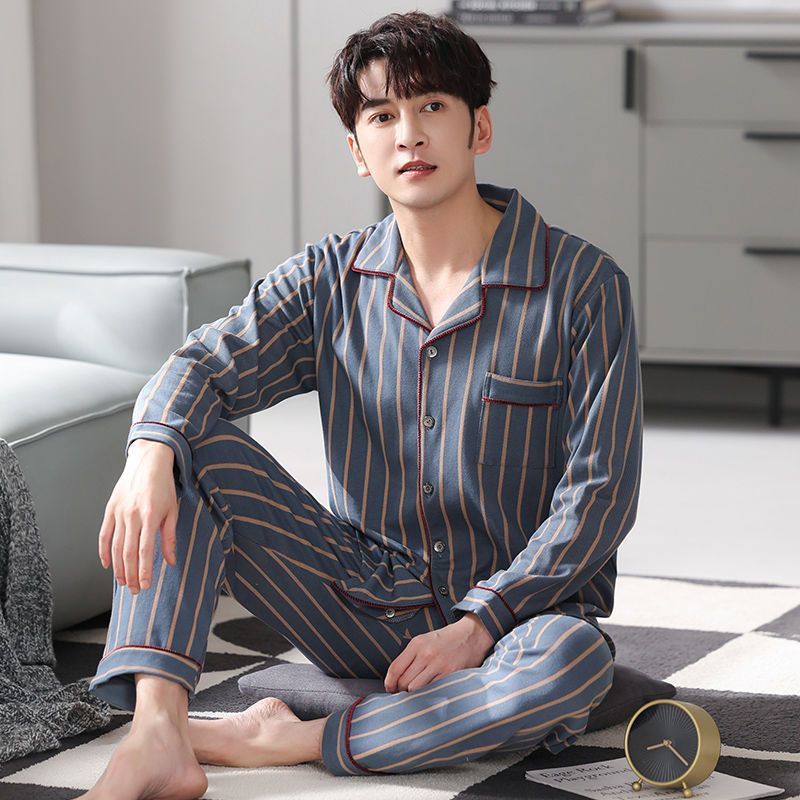 Men's Autumn And Winter Cotton Long-sleeved Trousers Thin Pajamas Loose Home Wear Suit Men