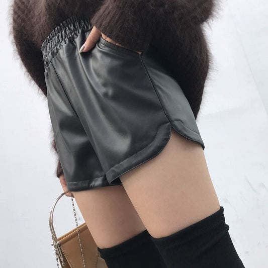 Pu leather pants thin velvet elastic high waist casual wide leg pants