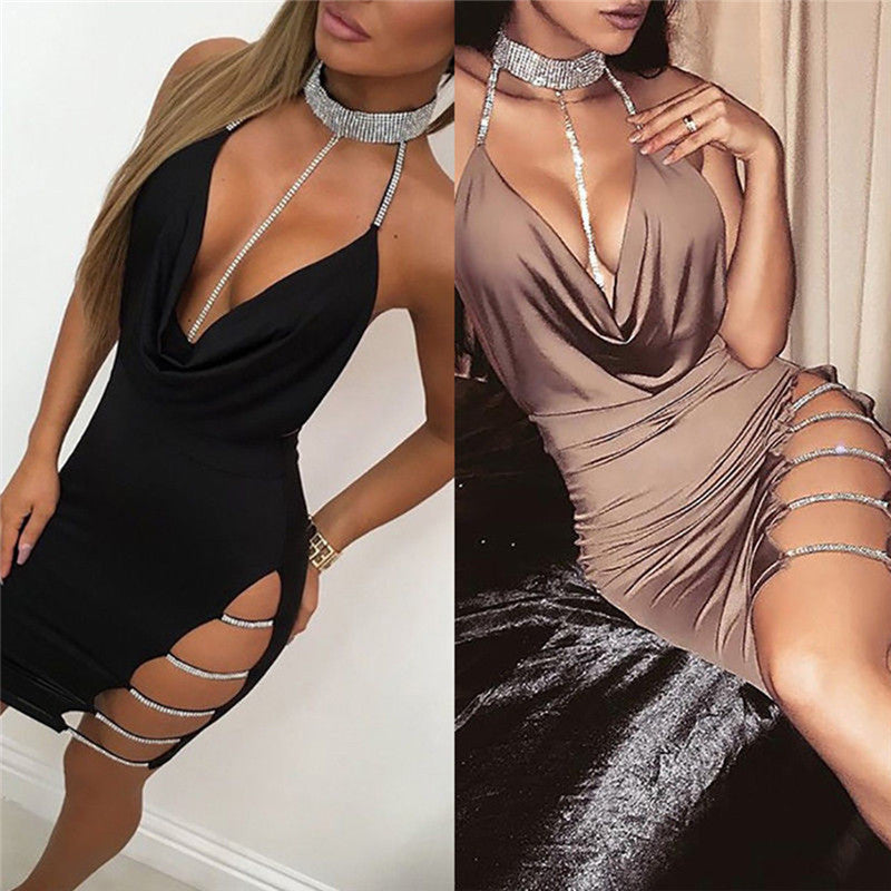 Sexy one-shoulder halter neck bag hip dress