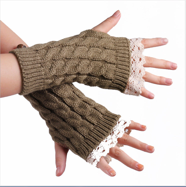 Women's Warm Lace Lengthened Knitted Half-finger Gloves