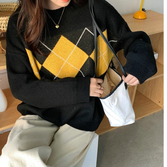 Women's Korean-style Casual Rhombus Loose Pullover Sweater