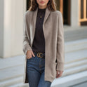 New Polo Collar Solid Color Long-sleeved Knitted Cardigan Loose Pockets Sweater Coat For Women