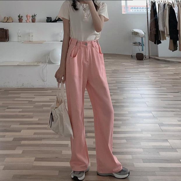 High Waist And Slim White Hong Kong Style Wide Leg Mopping Denim Trousers