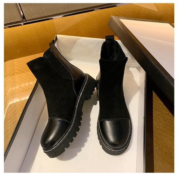 British style black platform stretch boots