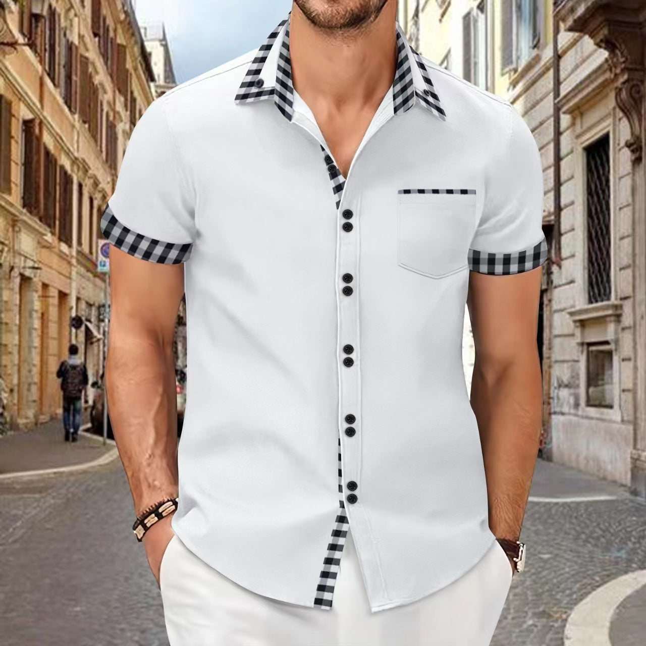 Men's Shirt Casual Pocket Stitching Contrast Color Top