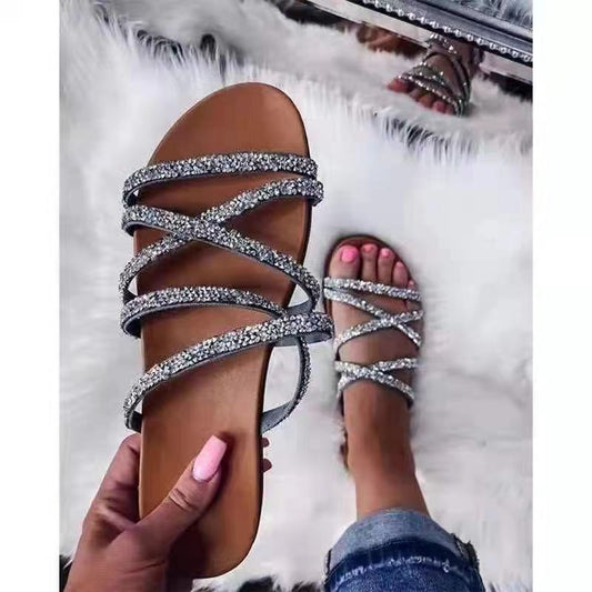 Summer New Sandals Women's Round Toe Flat Rhinestone Sandals Women's Foreign Trade Large Size Women's Shoes