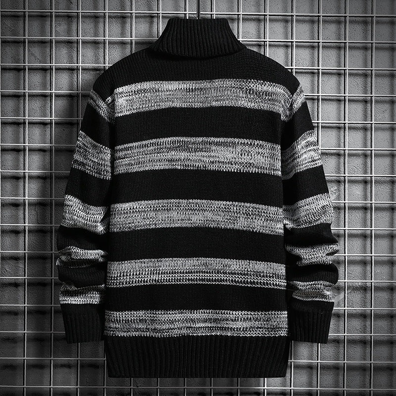 High-neck Men's Autumn And Winter Long-sleeved Trendy Slim Striped Sweater