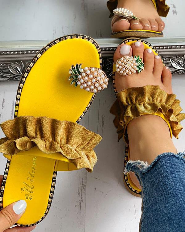 European And American Set Toe Lace Pineapple Flat Large Size Sandals And Slippers Women