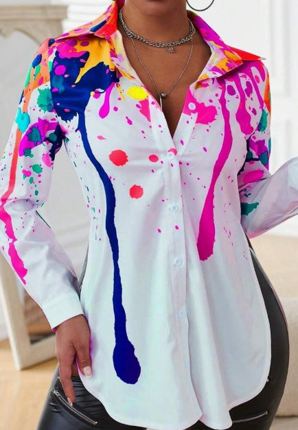 Spring And Autumn Leisure Ink-Splash Printed Side Slit Long Sleeve Shirt