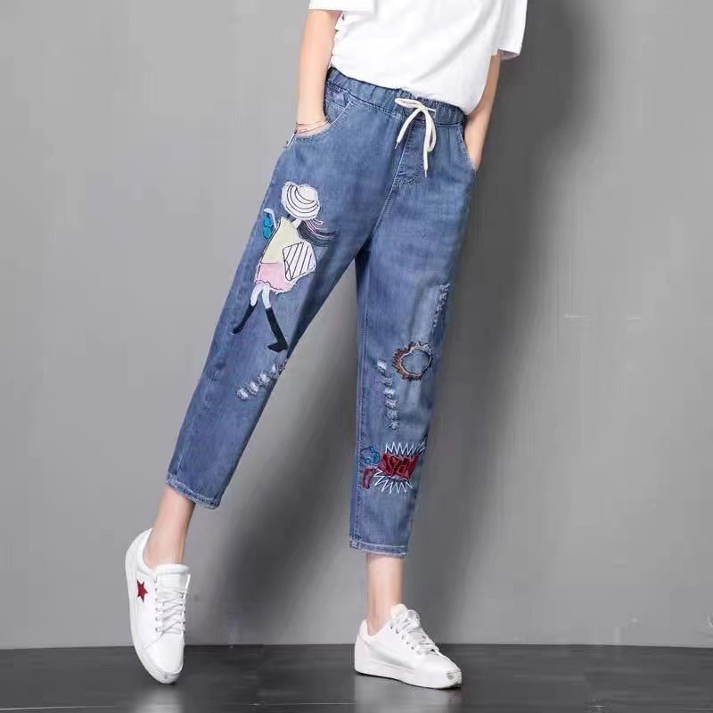 Women's Denim Cropped Harem Pants Loose