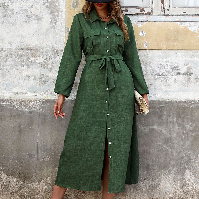 New Women Turn-down Collar Green Long Sleeve Solid Color Dress