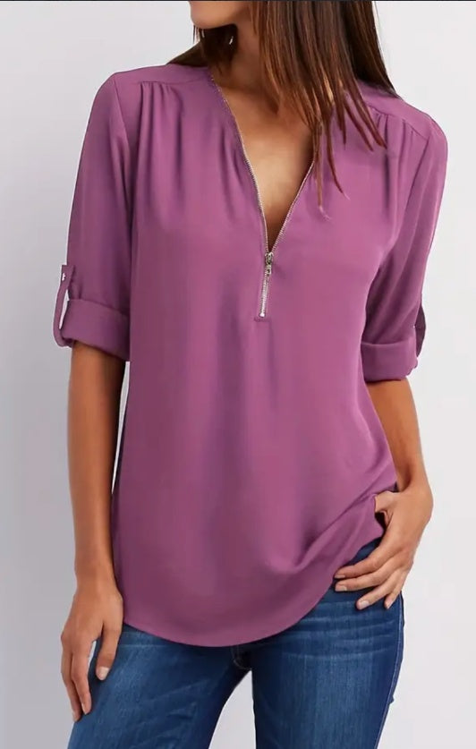 Ruched Half Zip Solid V Neck Casual Blouse, Rollable Sleeve Women's Clothing