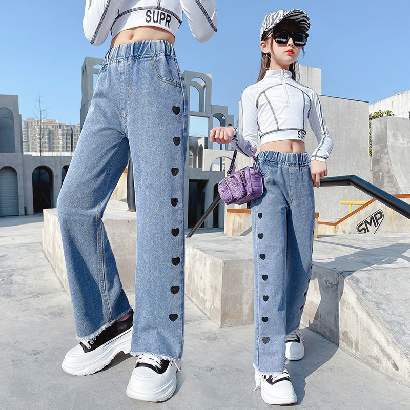 Girls Denim Funky Casual Love Wide Leg Pants