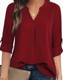 Chic Solid V-Neck Blouse - Fashionable Simplicity For Women - Relaxed Casual Long Sleeve Style