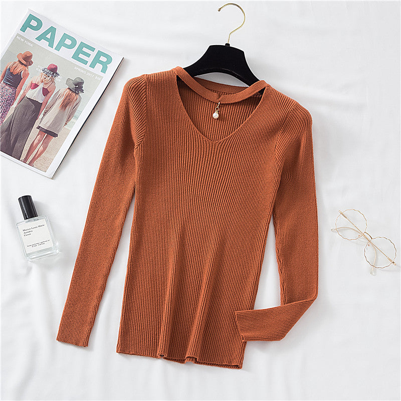 Autumn And Winter New V-neck Long-sleeved T-shirt Women Slim Slim Fashion