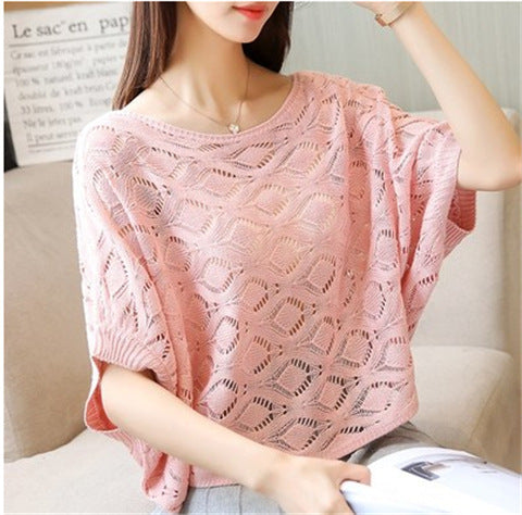 Pullover T-shirt Women Loose Openwork Knitted Top Short Sleeve Thin Blouse