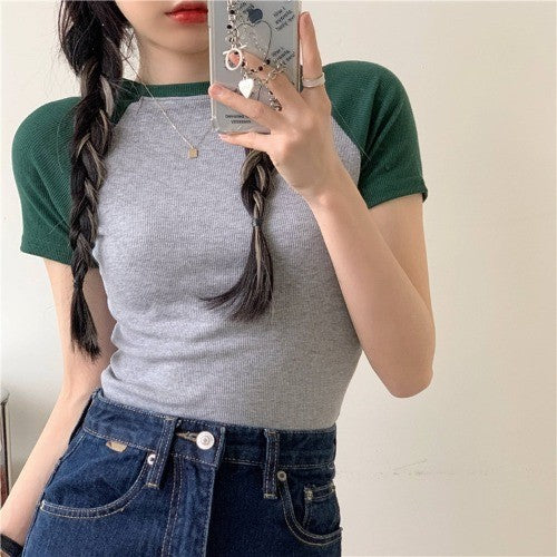 Women's Slim Fit And Slim Stitching Contrast Color Top