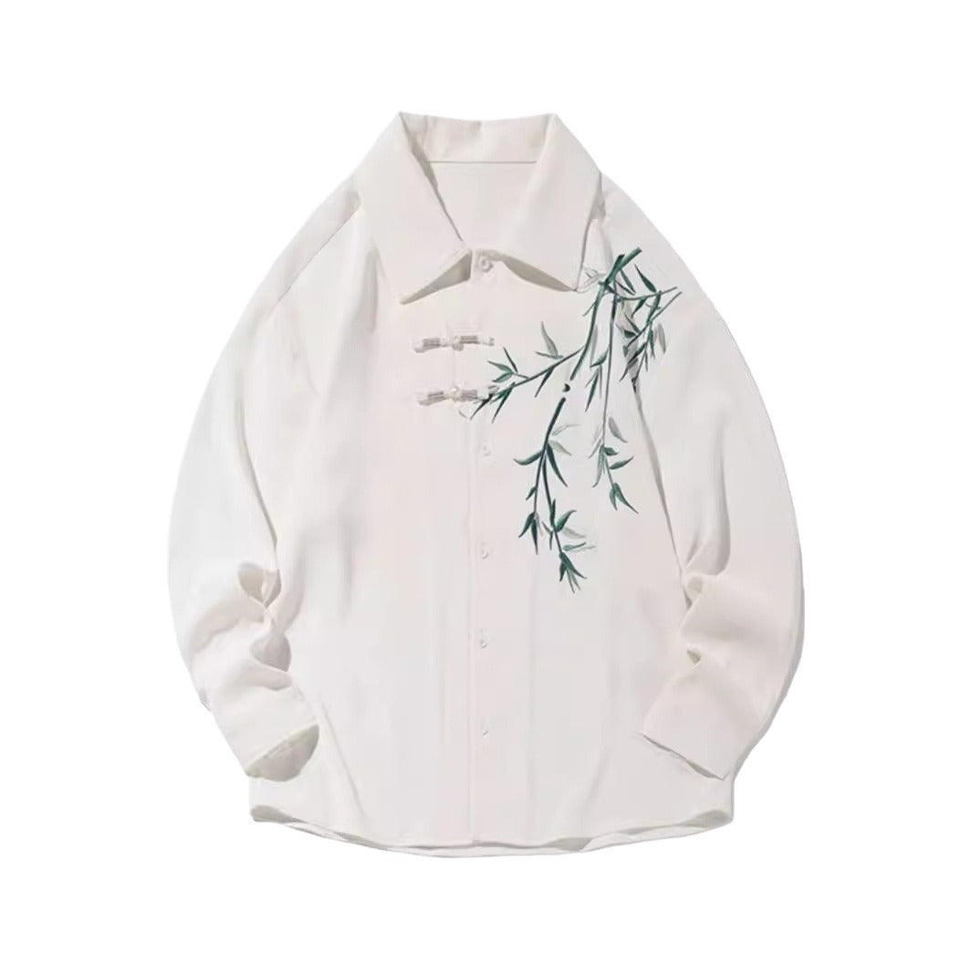 Bamboo Embroidered Long-sleeved Shirt Men's Hanfu Chinese Frog Tang Suit Robe Shirt Coat