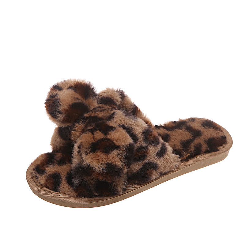 Women's Open-toed Leopard Print Fur Slippers