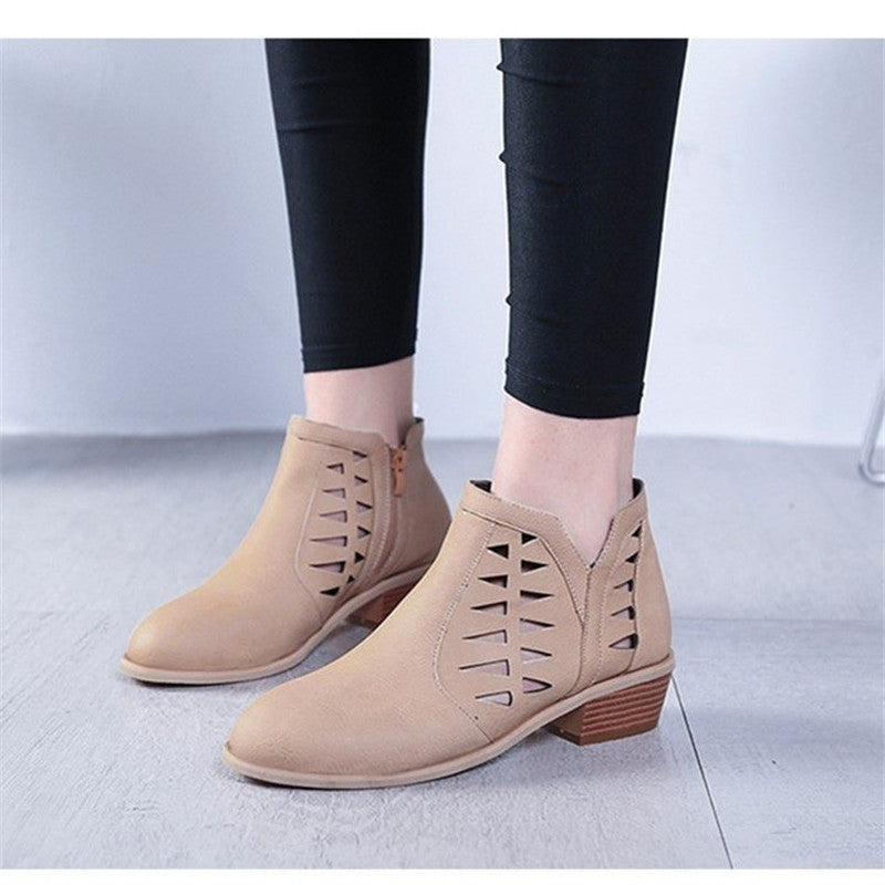 Ladies Side Zipper Hollow Thick Heel Women's Boots