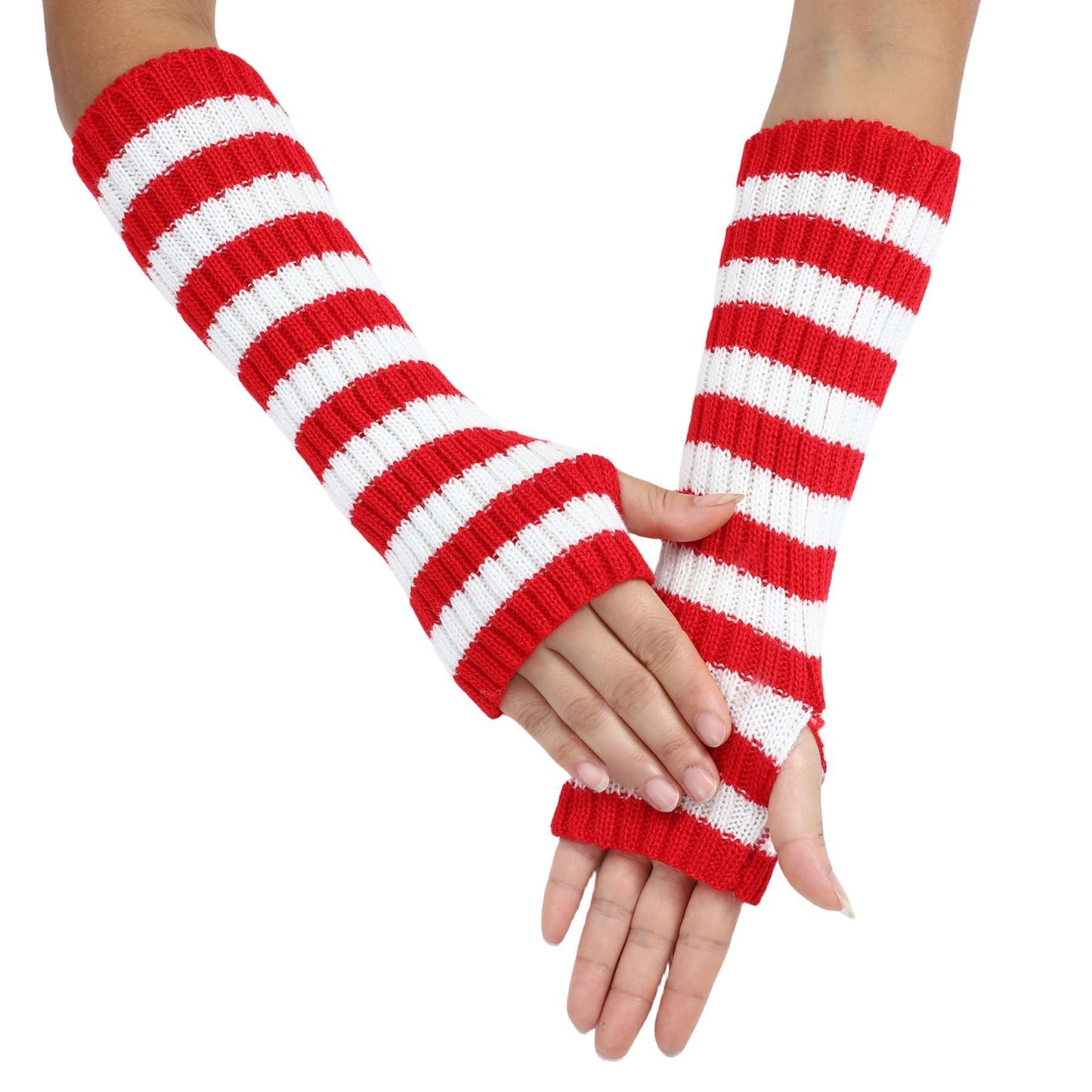 Warm Fashionable Knitted Long Mixed Color Stripe Knitting Wool Gloves