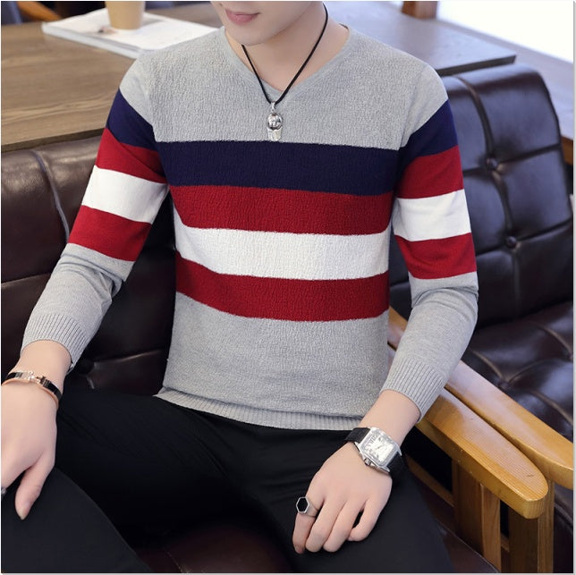 New V Neck Sweater Men Korean Style Long Sleeves