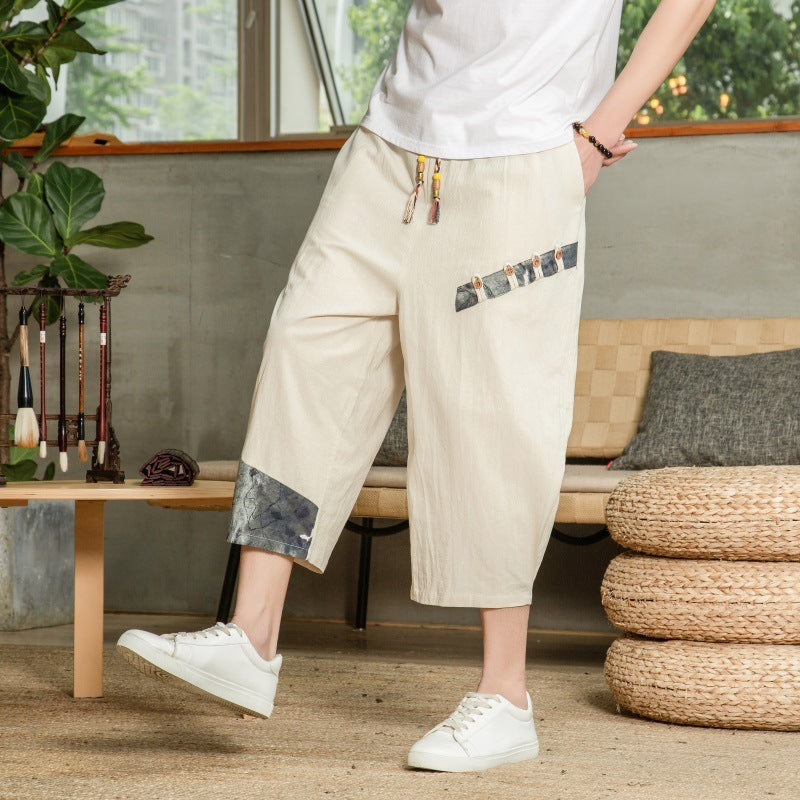 Non-stretch Thin Mid-waist Cropped Linen Casual Pants Men's Color Matching