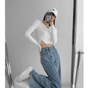 Irregular Breasted High Waist Jeans For Women Straight-leg Trousers