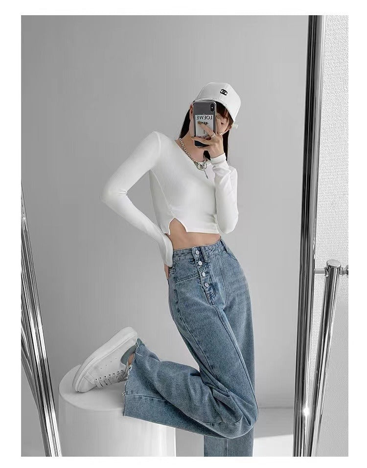 Irregular Breasted High Waist Jeans For Women Straight-leg Trousers