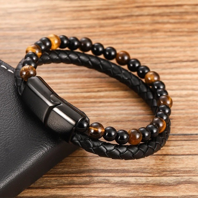 Genuine Leather Stainless Steel Magnetic Buckle Leather Bracelet Natural Tigereye