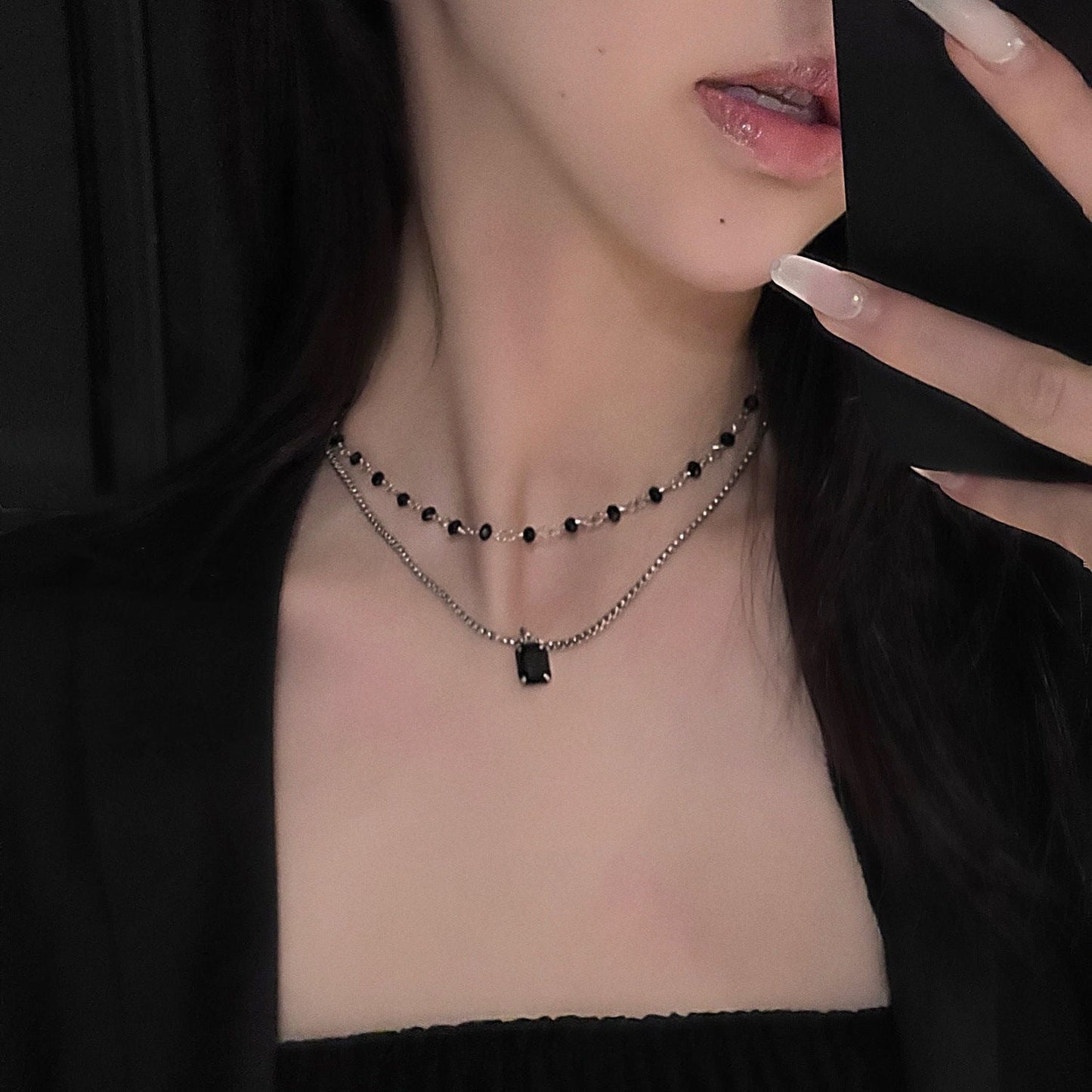 Black Zircon Beaded Double-layer Clavicle Chain