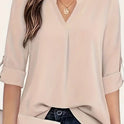 Chic Solid V-Neck Blouse - Fashionable Simplicity For Women - Relaxed Casual Long Sleeve Style