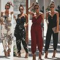 Printed sexy backless tether pocket sling V-neck female jumpsuit