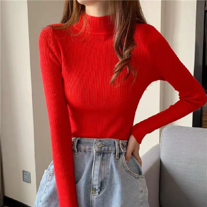 Women's Fashionable All-matching Pure Color Half Collar Slim Knit Bottoming Shirt Top