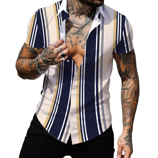 Digital Printing Striped Hawaiian Lapel Thin Short Sleeve