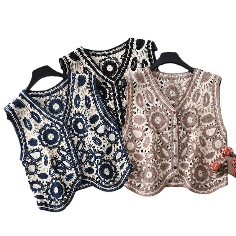 Spring Outdoor Irregular V-neck Vest Female Hollow Embroidery Vest Jacket Cardigan Outerwear Top