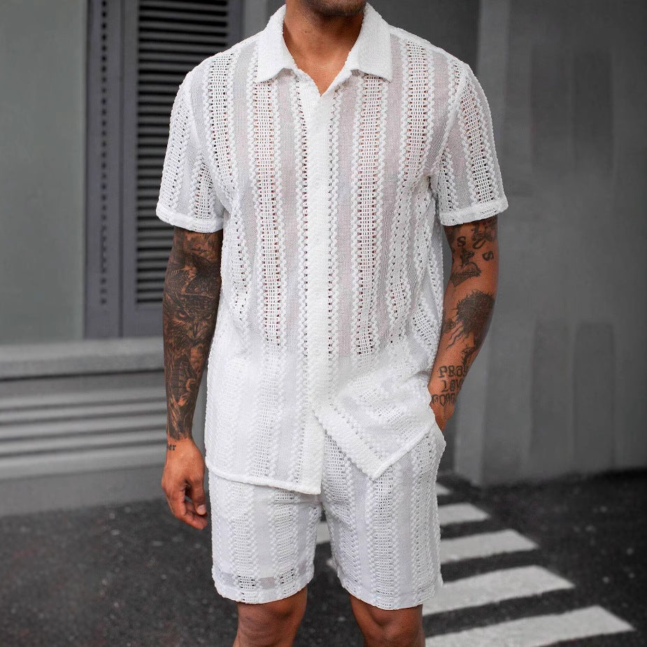 Men's Elegant Lace Translucent Short-sleeved Shirt