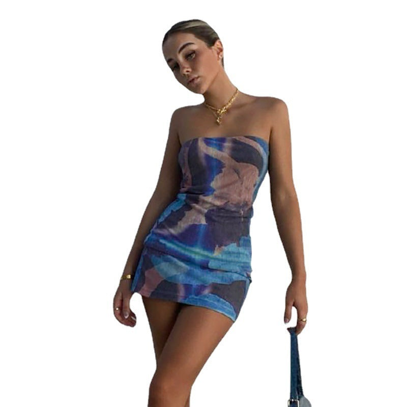 Women's Fashion Printed Bandeau Slim-fit Slimming One-line Dress