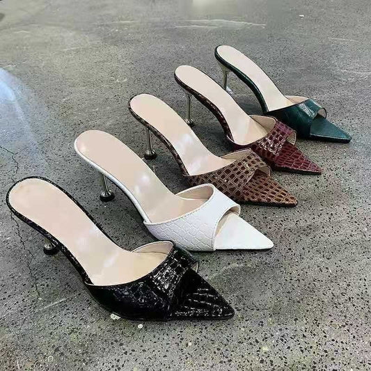 New Snake Pattern  Toe Pointed High Heel Sandals And Slippers Women