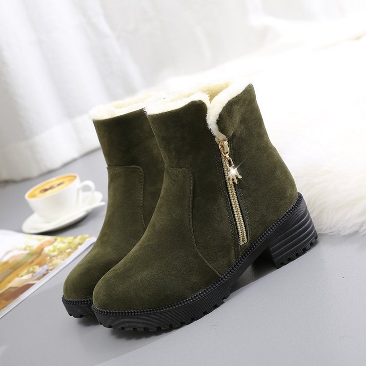 Short Suede Side Zip Student Thick Mid-Heel Boots