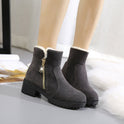 Short Suede Side Zip Student Thick Mid-Heel Boots