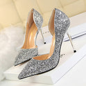 Skinny Women's Shoes Stiletto Heel Shallow Mouth Pointed Side Hollow-out Sequin