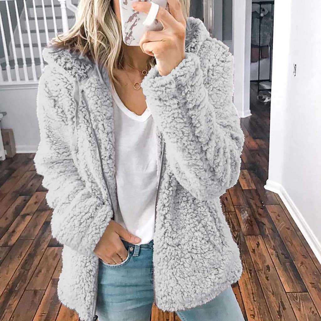 Thick plush zipper hooded pocket sweater