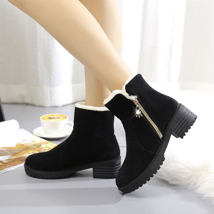 Short Suede Side Zip Student Thick Mid-Heel Boots