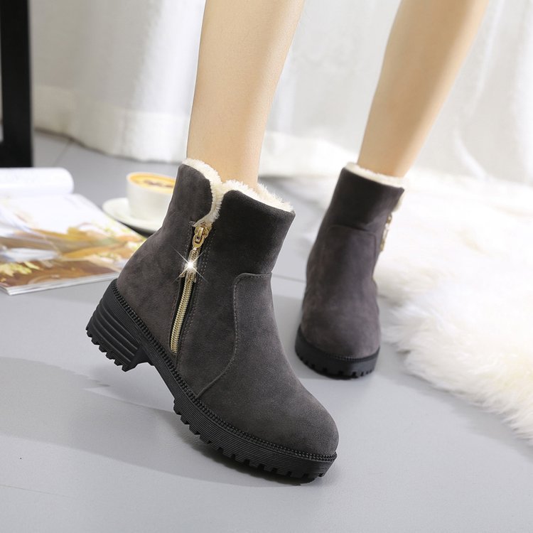 Short Suede Side Zip Student Thick Mid-Heel Boots