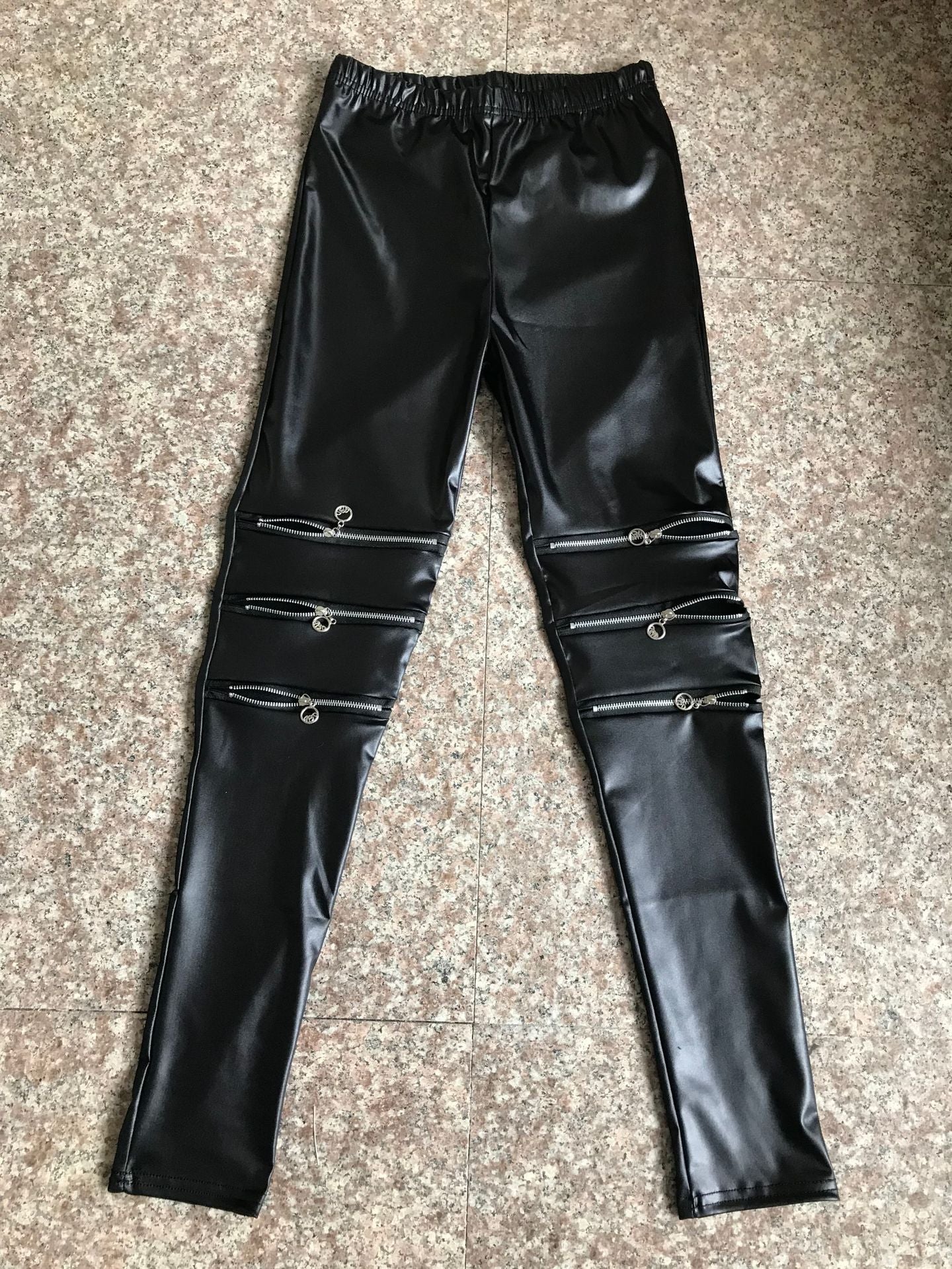 High-elastic Knee Three Zipper  Leather Nine Points Leggings