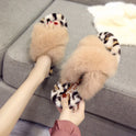 Rabbit fur leopard print cross-hair slippers