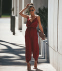 Printed sexy backless tether pocket sling V-neck female jumpsuit